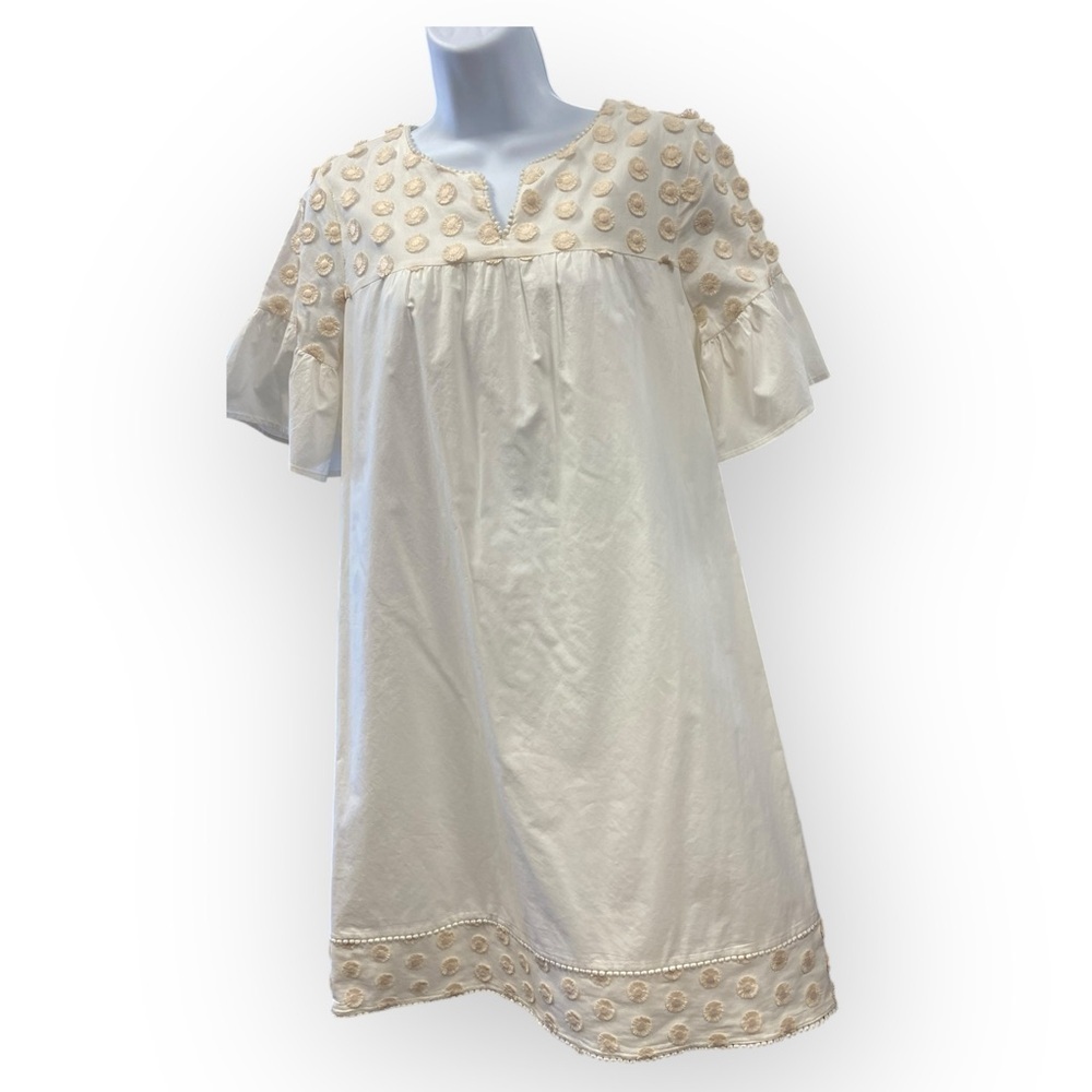 J- JCrew Bell Sleeve Dress With Fringe Dot Marine Salt Ivory G3695